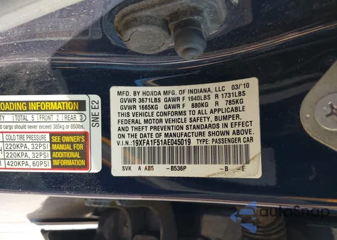 2010 Honda Civic Lx from USA, damaged, VIN 19XFA1F51AE045019